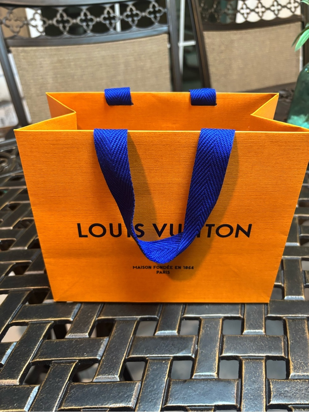 Louis Vuitton Orange Paper Shopping Bag with Blue Handles